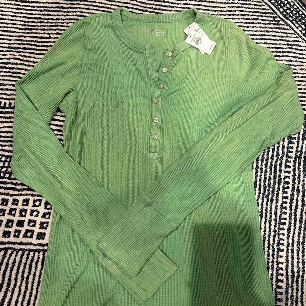 Aerie Green Ribbed Henley Top M